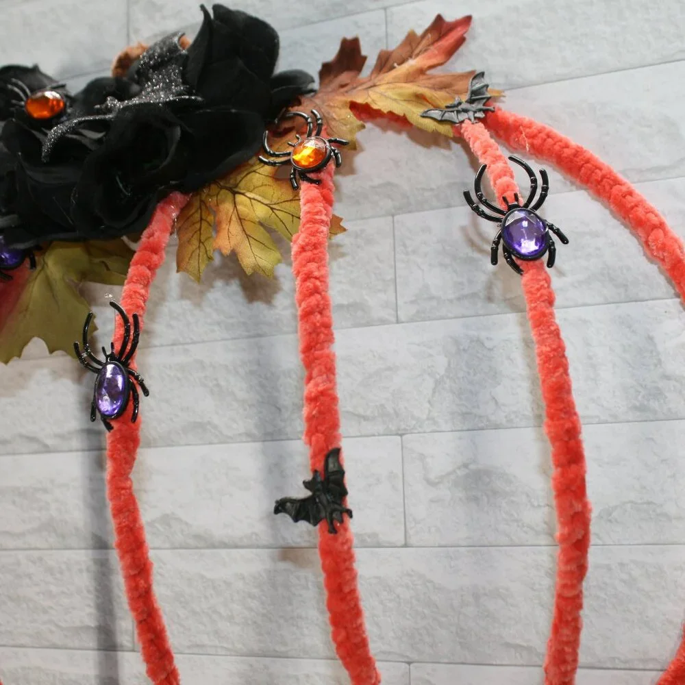 HAND CRAFTED Wreath Halloween Holiday Pumpkin Spiders Bats Orange Door Wall Art